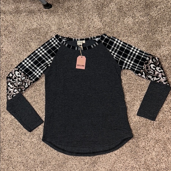 Plaid and Leopard Sequin Sleeve Top - Picture 1 of 3